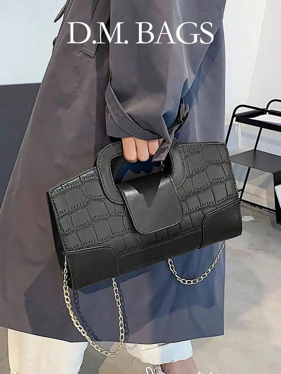 Black PU Croc-Texture Patchwork Clutch with Top Handle for Evening Events