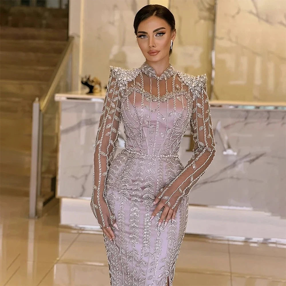 Luxury Dresses for Party Satin Sheath/Column Celebrity Dress Taro Pur High Collar Beads Side Split Evening Dress Long 2025