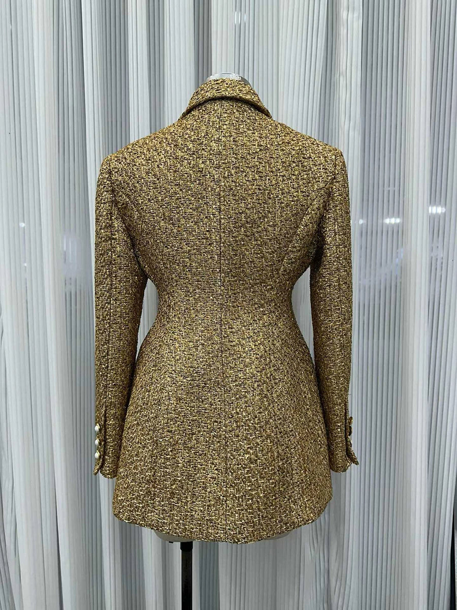VGH Chic Luxurious Tweed Blazer for Wommen Noched Collar Long Sleeve Patcfhwork Double Breasted Elegant Formal Coat Female New