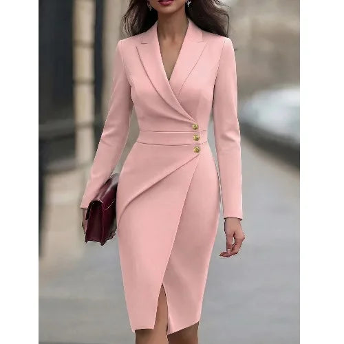 Elegant Pink Waist-Cinching Button Decorated Split Midi Long Sleeve Suit Dress for Women Fashionable Commute Business...