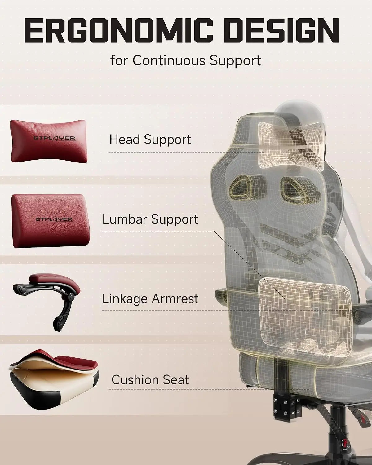 GTPLAYER Ergonomic Gaming Chair, High Back with Footrest, Wide Seat, Lumbar Support, Wine Red | Kimlud Gaming Luxury Chair