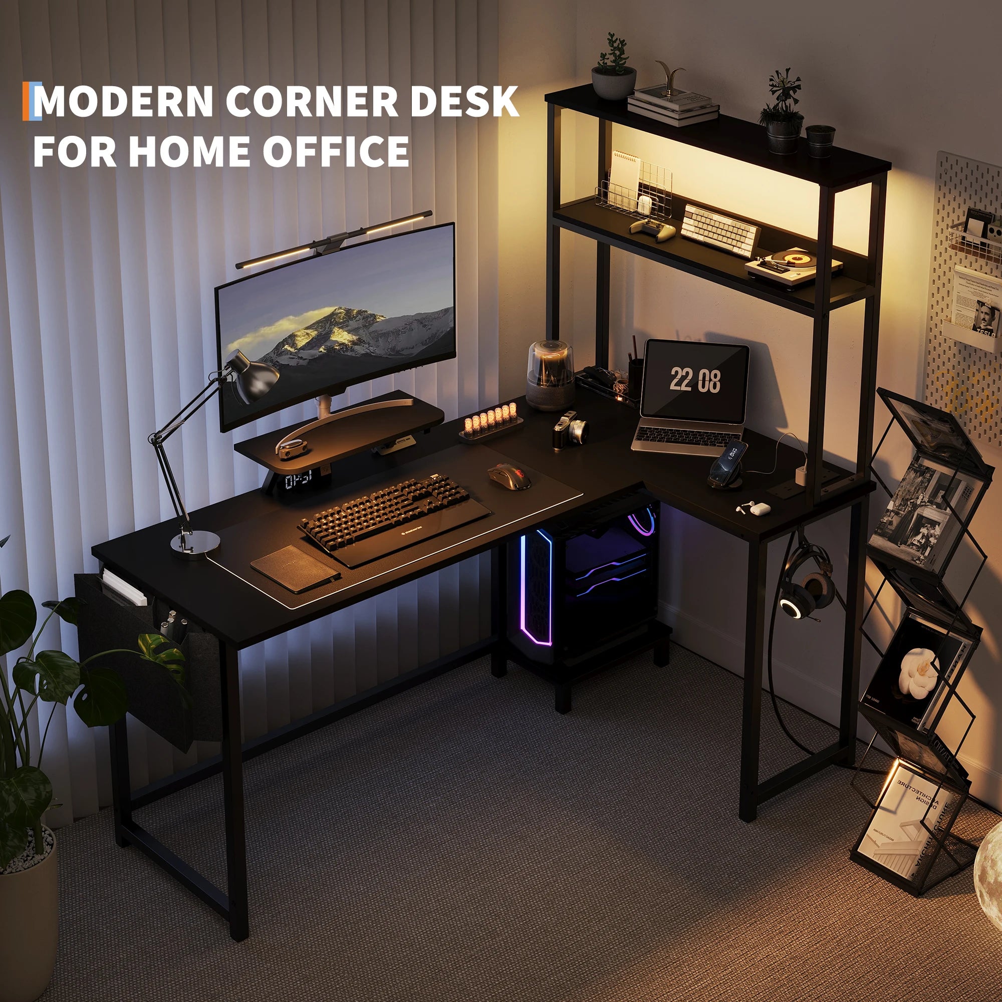 L Shaped Gaming Desk with Power Outlets & LED Lights, Corner Desk with Monitor Stand for Home Office, Space-Saving |...