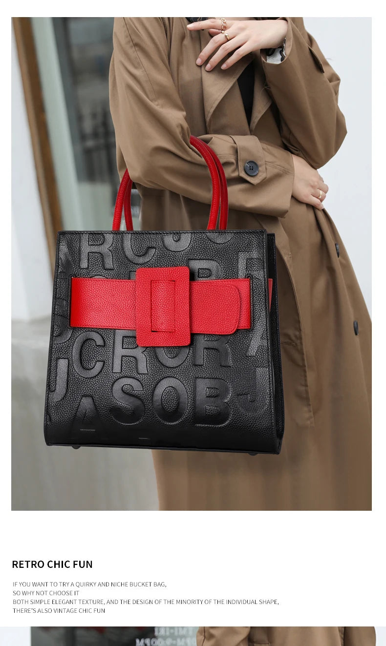 Aidrani Fashionable women's large capacity handbag with letter print design, made of cowhide material, square, black