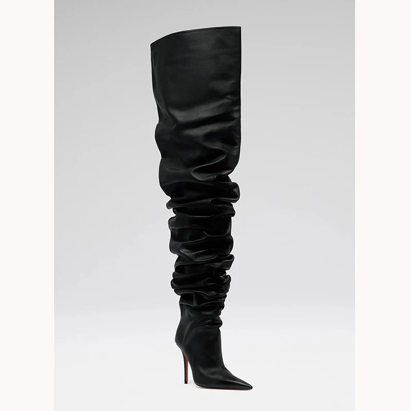 Fashion wrinkle pointed toe women over knee boots sexy thin heel zipper long boots