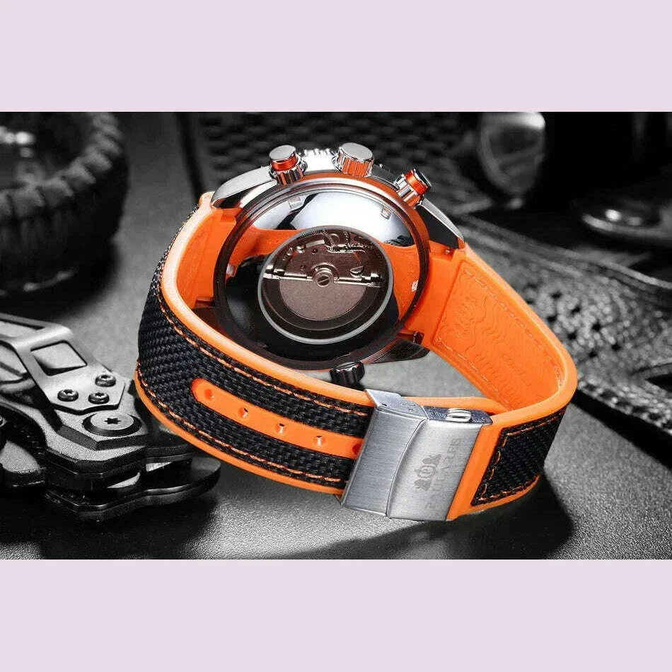 Automatic Watch for Men Mechanical Canvas Rubber Strap Orange Blue Red Multifunction Date Month Reloj Hombre Baratos