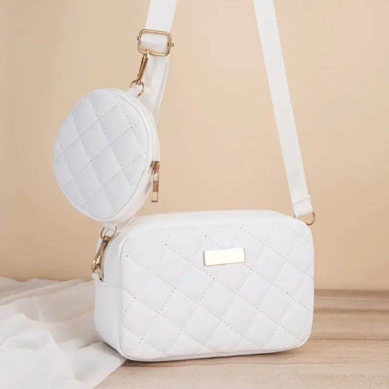 Two Piece Set Chic Quilted Women Crossbody Bag with Detachable Mini Purse Fashion Shoulder Bag for Women Casual Daily Ladies Bag - Kimlud