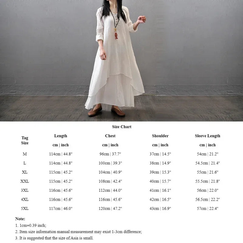 Women's Dress Long Dress Fashion Fake Two Pieces Loose Long Sleeve Art Big Swing Cotton Hemp Bohemian Cotton Vintage Women Dress - Kimlud