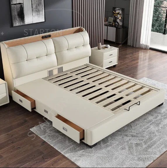 Pure White Nordic Style Oak Panel Queen Bed Frame Steel Frame Cama Modern Bed Queen Size Bed | Kimlud Luxury Bed
