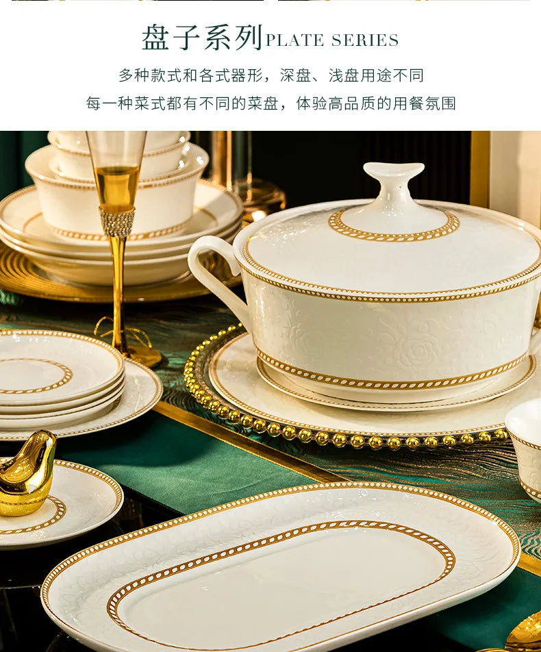 2025 New Jingdezhen Dishes Tableware Free Combination Household High-grade Bone China Tableware Housewarming Relief Rose