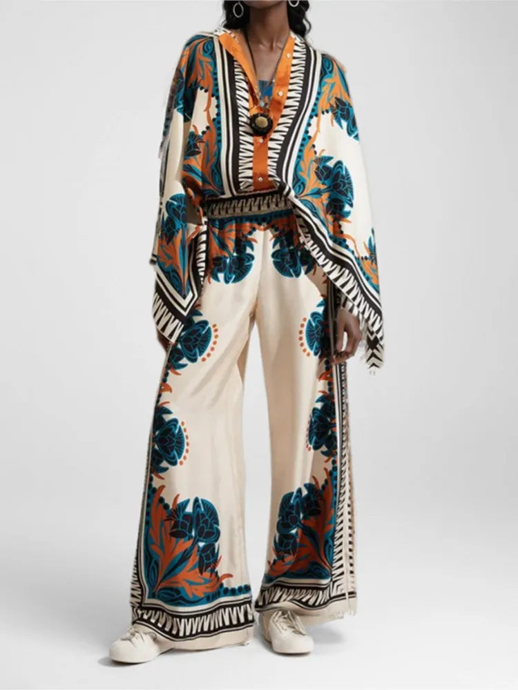 2 Piece Sets Fashion Women's Irregular Geometric Print Pants Sets Long Sleeve Shirts And Wide Leg Pants Stylish Streetwear Suit