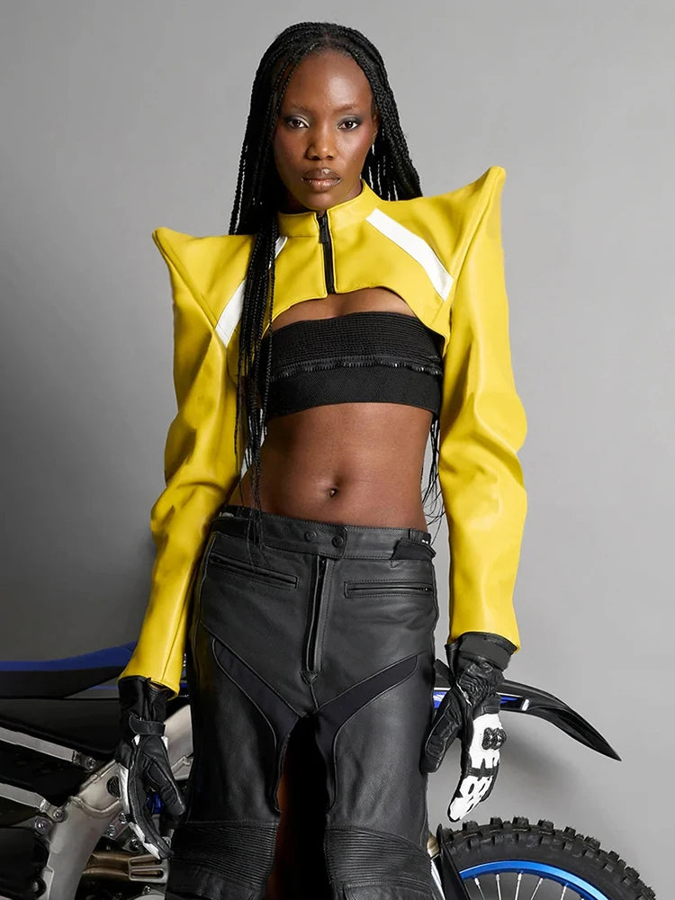 Nibber Leather Zipper Jacket Women Patchwork o-Neck Shoulder Pads Long Sleeve Sexy Midnight Moto Style Street Hipster Crop Coat