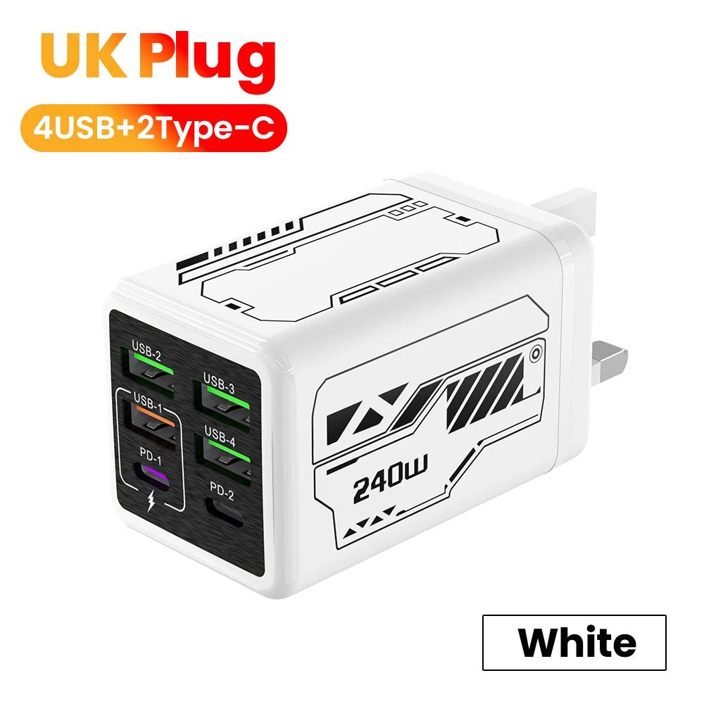 240W 6 Ports 4USB+2Type C Super Fast Charging Mobile Phone Charger USB3.0 PD3.0 EU/UK/US Charger For Iphone 17 16 Samsung POCO
