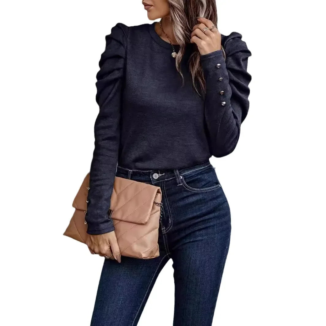 Women New Spring Long Sleeve Blouse Fashion O Neck Puff Sleeve Solid Office Tops Female Casual Loose Shirts For Women Casual Top