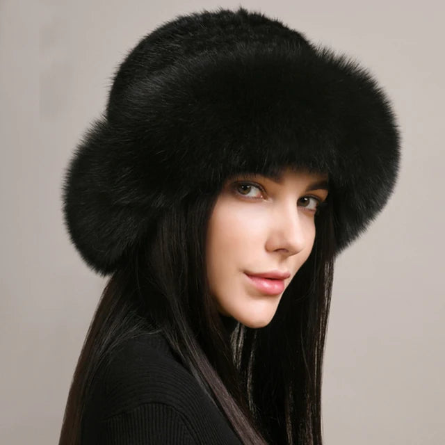 New Genuine Real Natural Knitted Mink Fur Hat Cap Luxury Women Handmade Knit Fashion Winter Headwear Warm Real Fox Fur Beanies