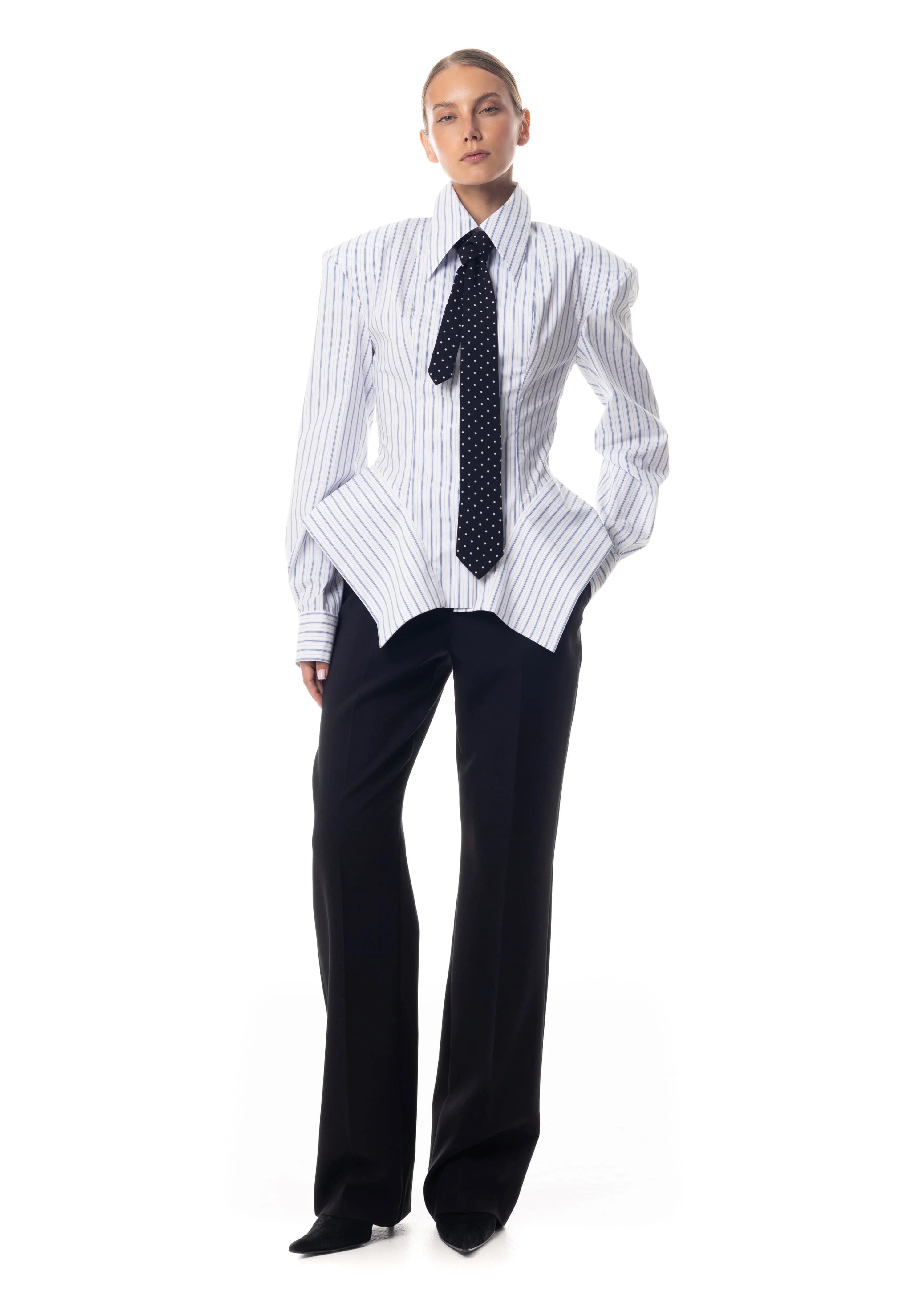 Women's Collar Striped Shirt with Asymmetrical Hem and Waist Cinching 2026 Spring summer Fashionable Casual Office...