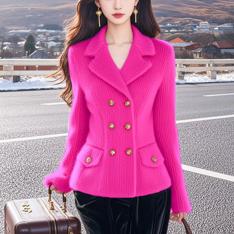 Autumn Winter Knitwear Mink Hair Sweater Women 2025 New Fashion Loose Casual Tops Button Pure Colour Pink Outerwear Female