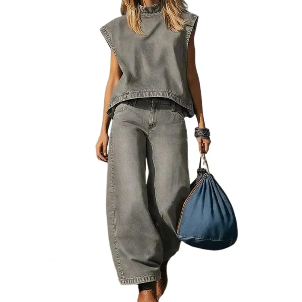 Wide-leg Denim Vest Pants Set Women Summer OutfitSleeveless Top Trousers Set Office Casual Women Outfit Party Wear Two-piece Set - Kimlud