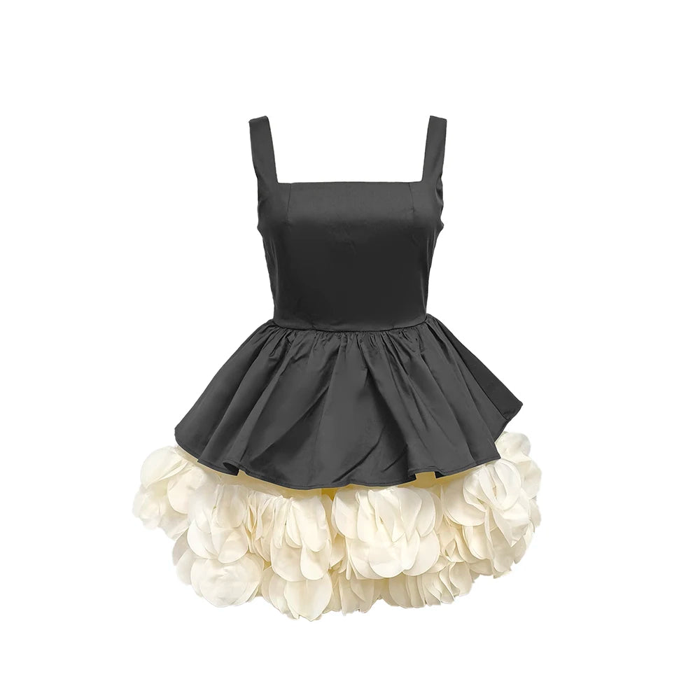 VC Elegant Black Mini Dress with Peplum and White Ruffle Accents for Upscale Casual Gatherings