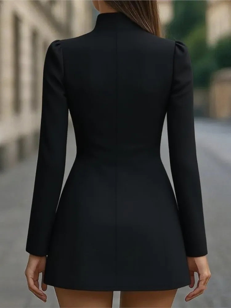 Spring Women's Elegant Stand Blazer Dress Fashion Single-breasted Solid Mini Dress Casual Long Sleeve Slim Party A-line Dresses - Kimlud