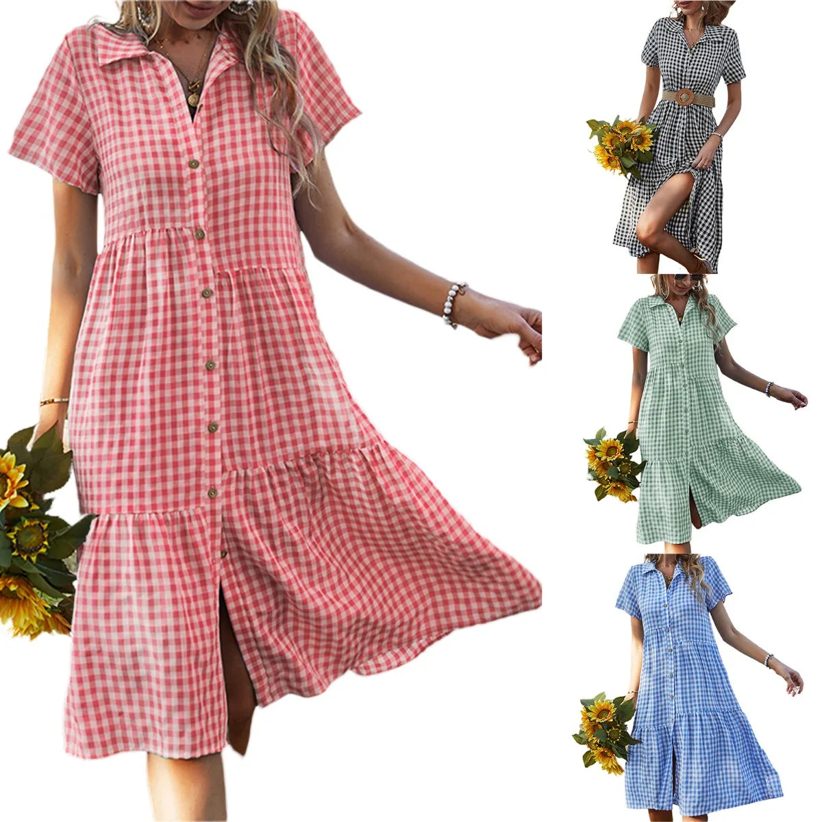2026 Women's Checkered Short-Sleeve Shirtdress Single-breasted Button-down Short-sleeved Dress Casual Country-style Long...