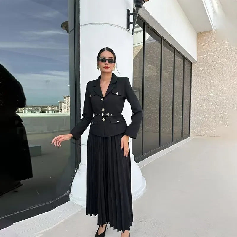 Elegant Women Two Pieces Set Single-breasted Lapel Jacket Coat Belt Pleated Midi Skirt Suit 2025 office Lady New In Matching Set