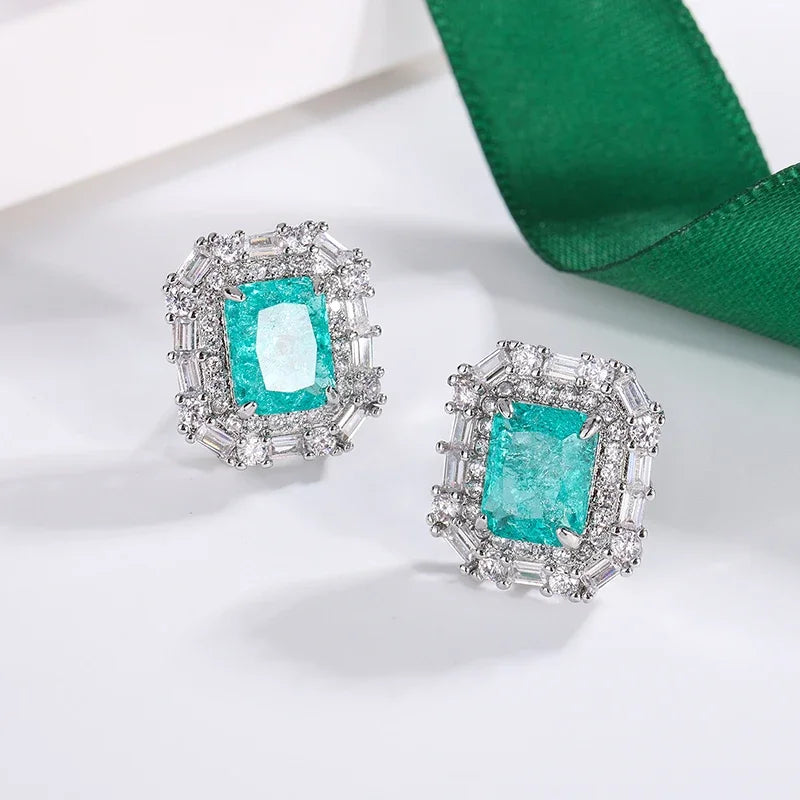 Beautiful 925 Sterling Silver Earrings for Women's Shiny Green AAAA Zircon Earrings Stylish Geometric Jewelry Party Earrings