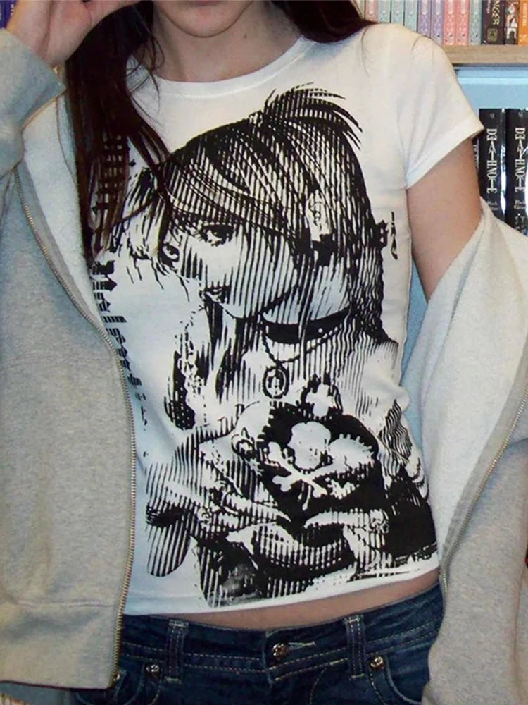 Y2K Fashion T shirt fairy grunge Summer E-girl White Black Crop Top Slim 2000s Harajuku Goth Locomotive wind Short Sleeve