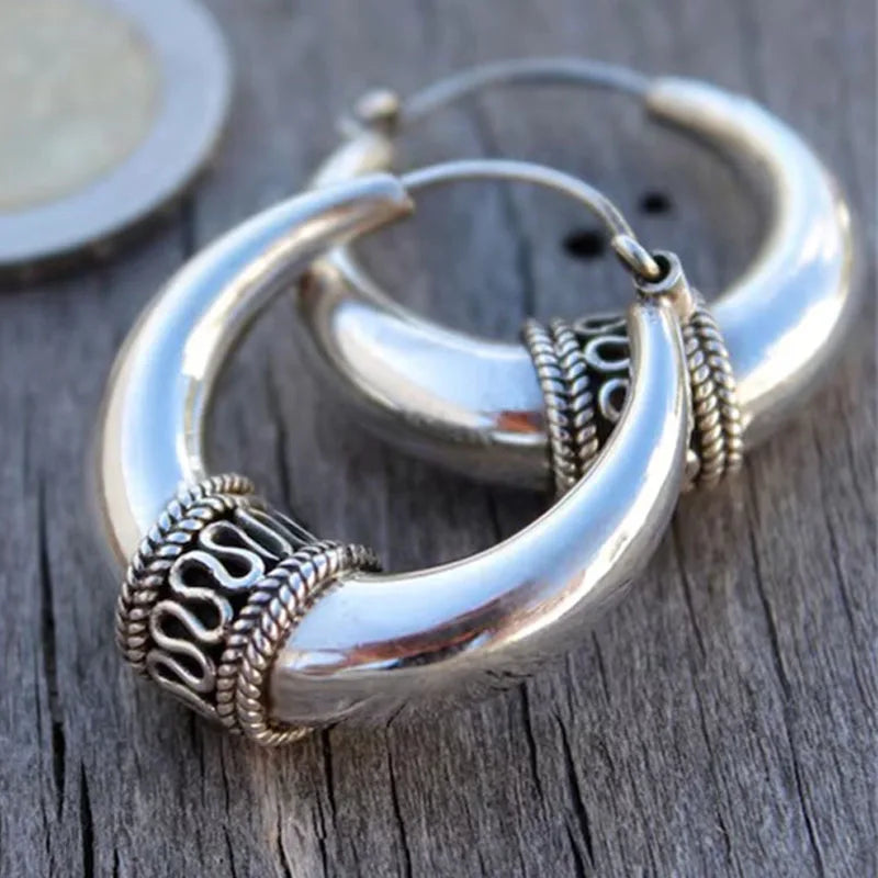 Vintage Hand Carved Pattern Hoops Women's Earrings Ethnic Silvery Color Metal Geometry Daily Wear Party Jewelry | Kimlud...