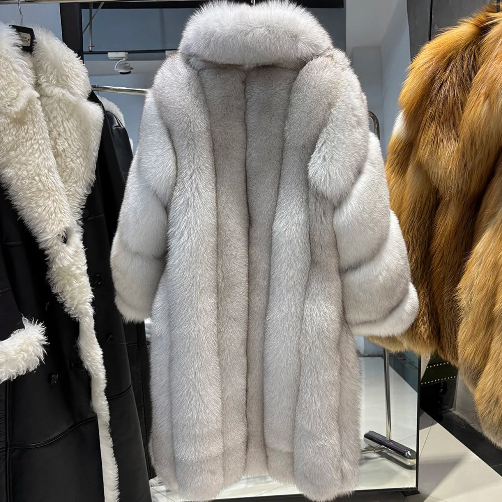 YOLOAgain 2025 Winter Warm Long Luxury Real Fox Fur Jacket Coat Women 120cm length
