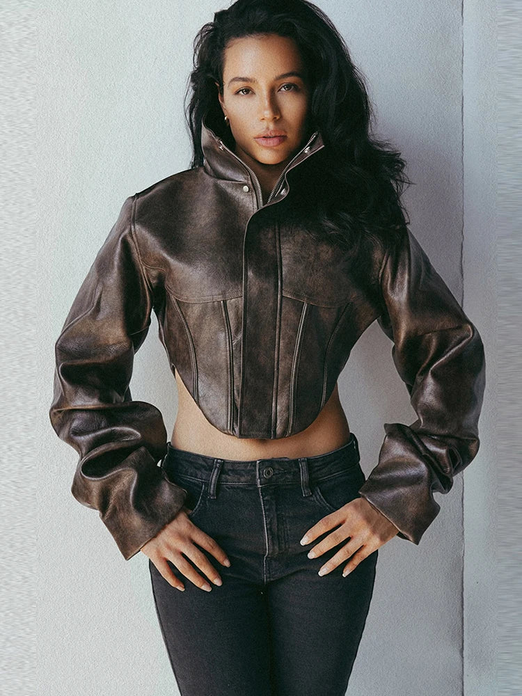 Nibber Hottie Crop Jacket Women Turtleneck Pu Irregular Zip Button Full Sleeve Wild Sexy Street Midnight Autumn Hipster...