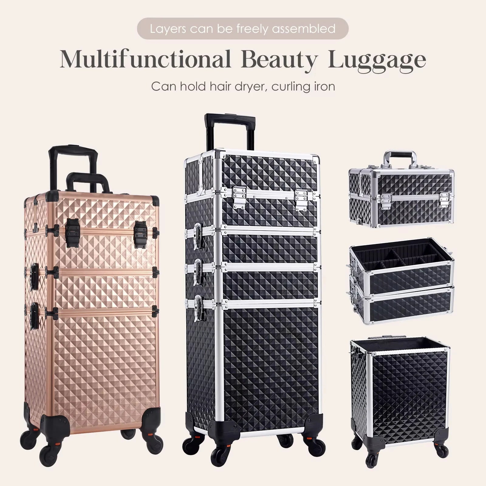 Rolling Makeup Train Case Cosmetic Trolley 4 in 1 Large Capacity Makeup Travel Case with Key Wheels Salon Barber Case Traveling