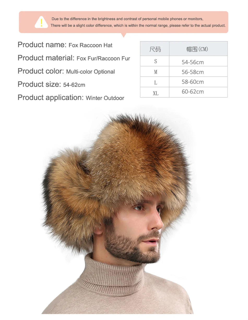 New Winter Men's 100% Real Silver Fox Fur Bomber Hat Raccoon Fur Ushanka Cap Trapper Russian Man Ski Hats Caps Real Leather Hat