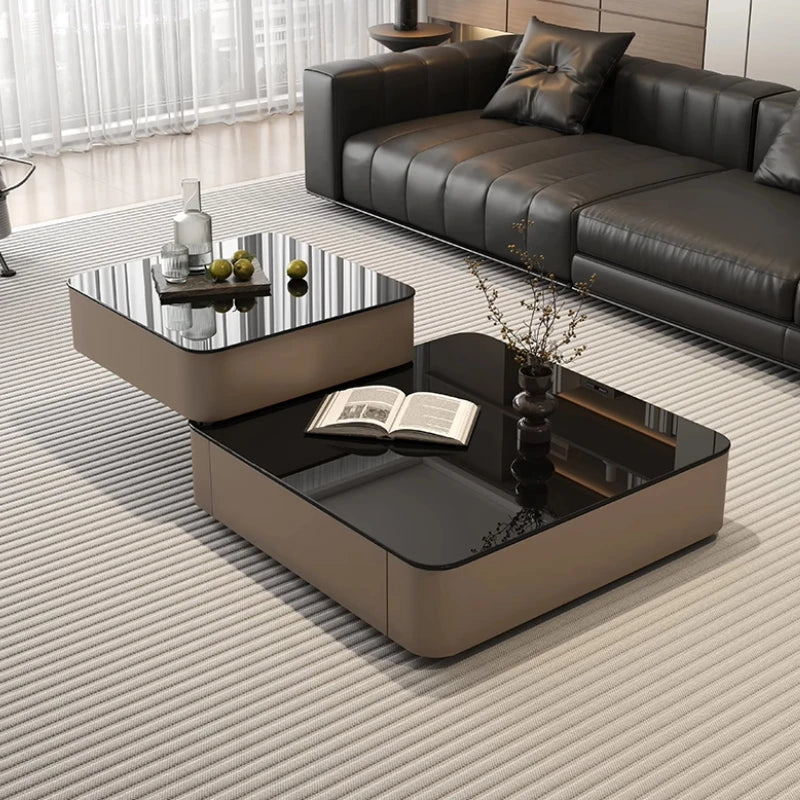 Luxury Italian Light Luxury Rotating Coffee Table Square 80cm Glass Wooden Coffee Tables Living Room Furniture...