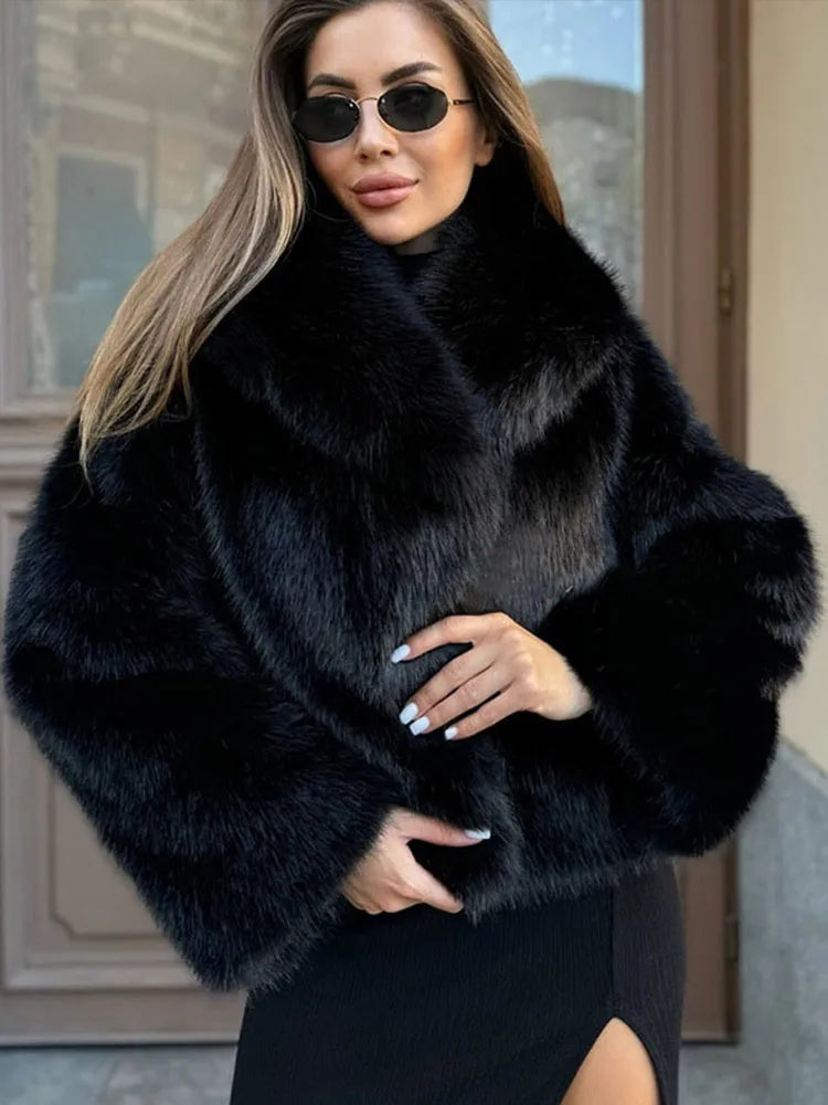 Luxury Thick Faux Fur Coat for Women Warm Soft Lapel Long Sleeve Eco-Friendly Outerwear for Autumn Winter Lady's Fur Coat