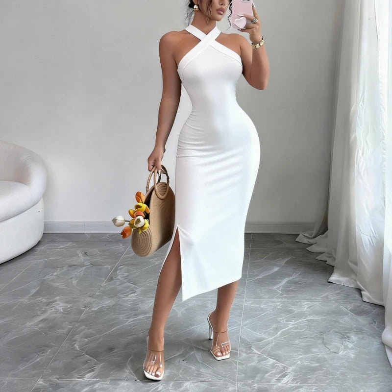 Women's Burgundy Halter Neck Sleeveless Stretchy Knit Bodycon Midi Dress Side Slit Elegant Summer Party Evening Dress Outfits
