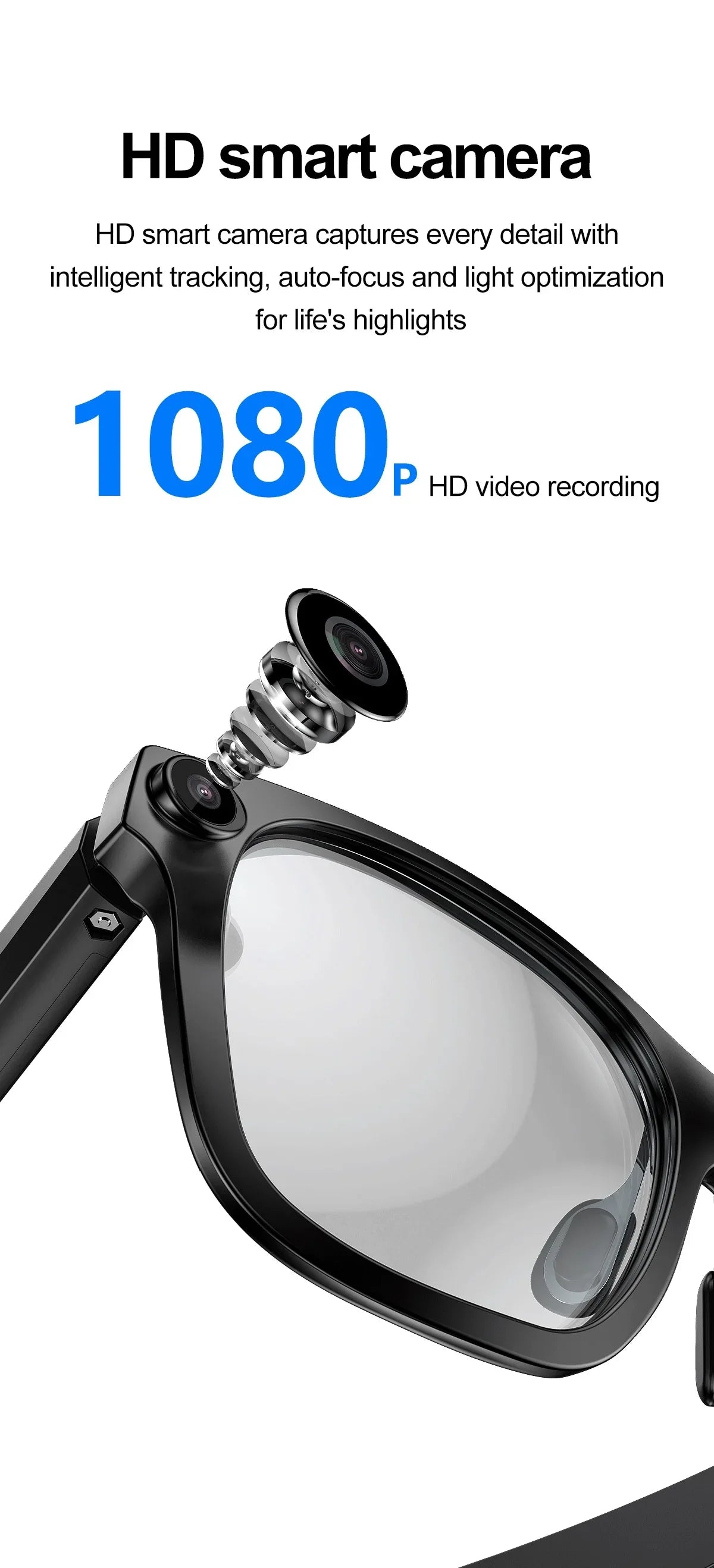 New AI Smart Glasses JL7018F Chip BT V5.4 WiFi 500W Pixel Video 1080P 2pin Magnetic Charging 220mAh Voice Call Video Recording