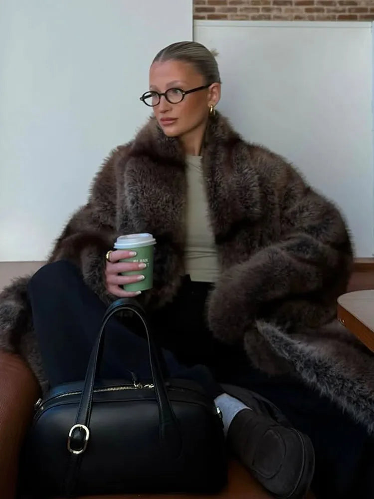 Women Brown Faux Fur Coat Shawl Collar Solid Full Loose Outerwears 2025 New Winter Fashion Street Commute Evening Event Lady Top