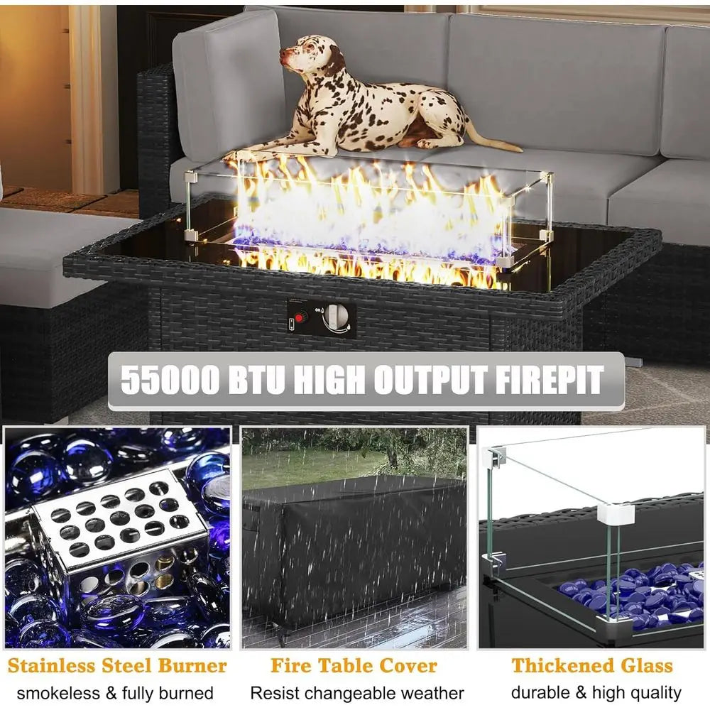 15-Piece Outdoor Patio Furniture Set with Fire Pit Table, Rattan Wicker Sectional Sofa with Coffee Table | Kimlud...