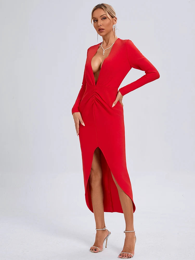 VC Sexy Red Deep V Plunge Long Sleeves Ruched Bandage Dress Women Pleated Bodycon Maxi Long Evening Party Club Gown