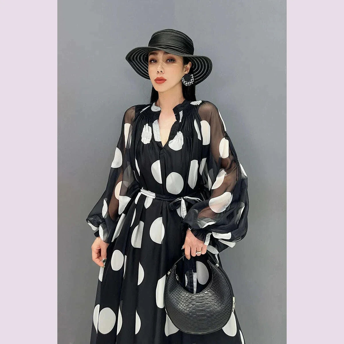 Vefadisa 2025 Summer New Dress Chiffon Printed Polka Dot Puff Sleeves V-neck Long Dress Loose And Elegant HLX007