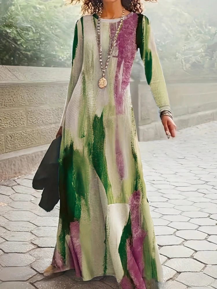 Graffiti Printed Elegant Dresses For Women Casual Long Sleeve Dresses Y2K Temperament Famale Fashion O-Neck Clothing 2025 New