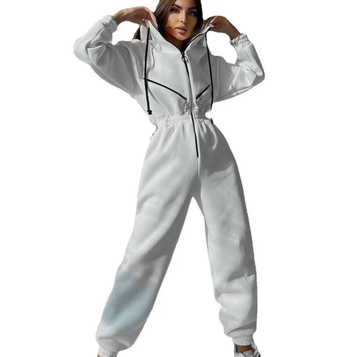 Long Sleeve Sports Casual Women's Hooded Overall Pants Jumpsuits Solid Color Jumpsuit Women One-Piece Suit - Kimlud