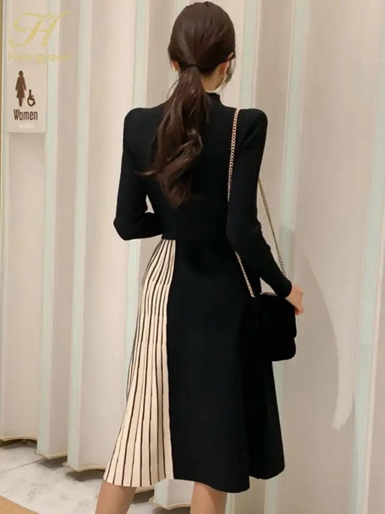 H Han Queen New Winter Elastic Knitted Dresses Women Color matching Lace-up Sweater Dress Fashion Slim Work Office Vestidos - Kimlud