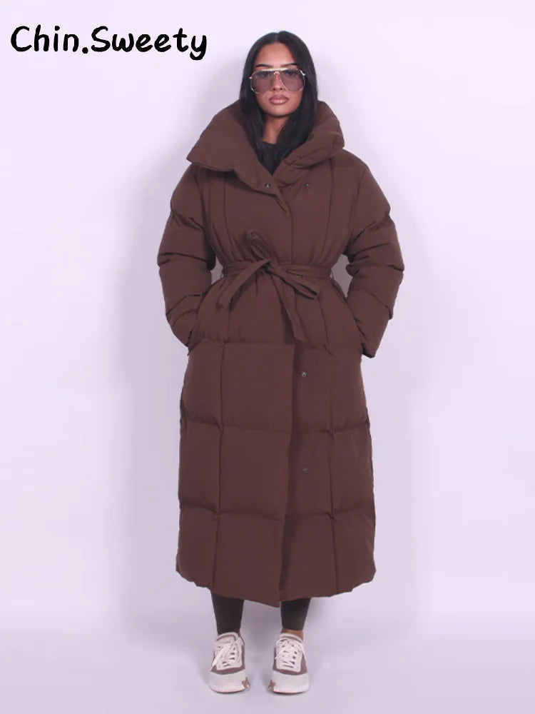 Warm Women's Puffy Quilted Hooded Long Cotton Coat Loose Solid Stand Collar Lace Up Zipper Overcoats 2025 Winter Lady Outwear