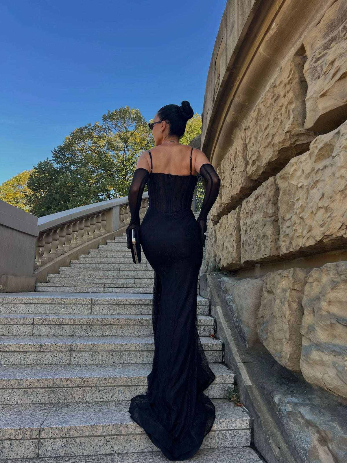 Black Corset Long Sleeve Evening Dress with Gloves Elegant Maxi Formal Gown for Women Luxury Occasion Wear Party Dress