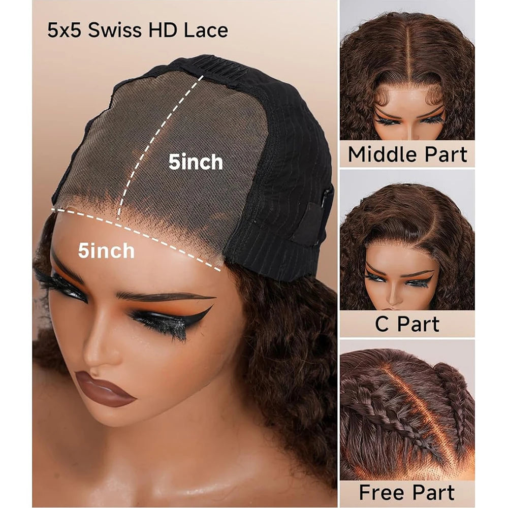 Chocolate Brown Deep Wave Glueless Wigs Human Hair Ready To Wear Pre-Cut Lace Wig 5x5 Wear Go Glueless Human Hair Wigs...