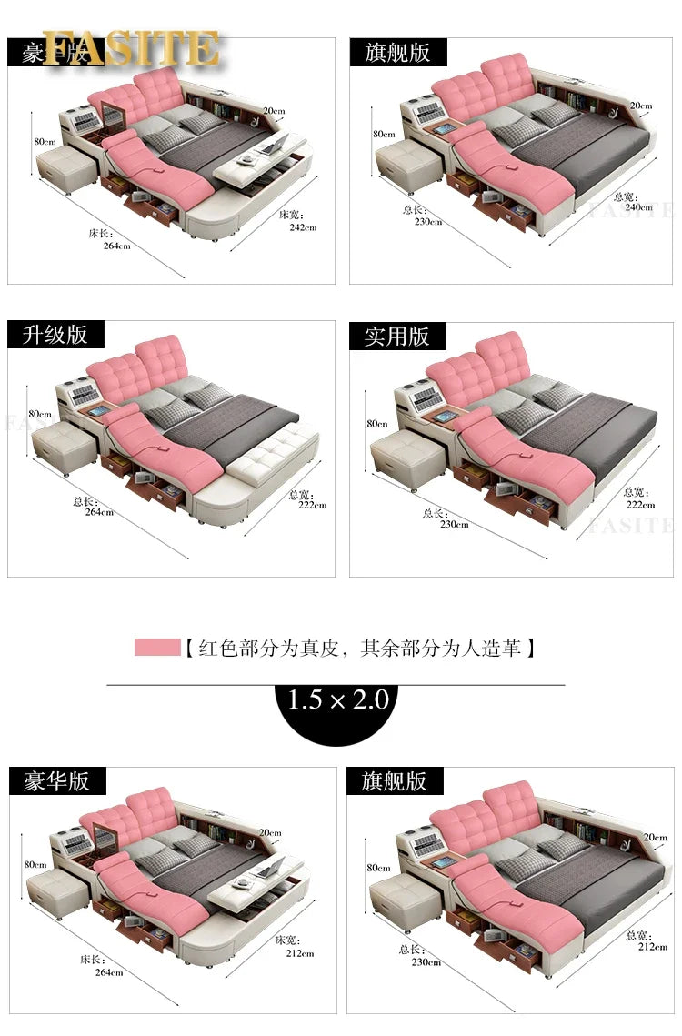 Genuine Leather Tech Smart Multifunctional Beds Massage Modern Luxury Camas Upholstered With Bluetooth Speaker,Air Cleaner