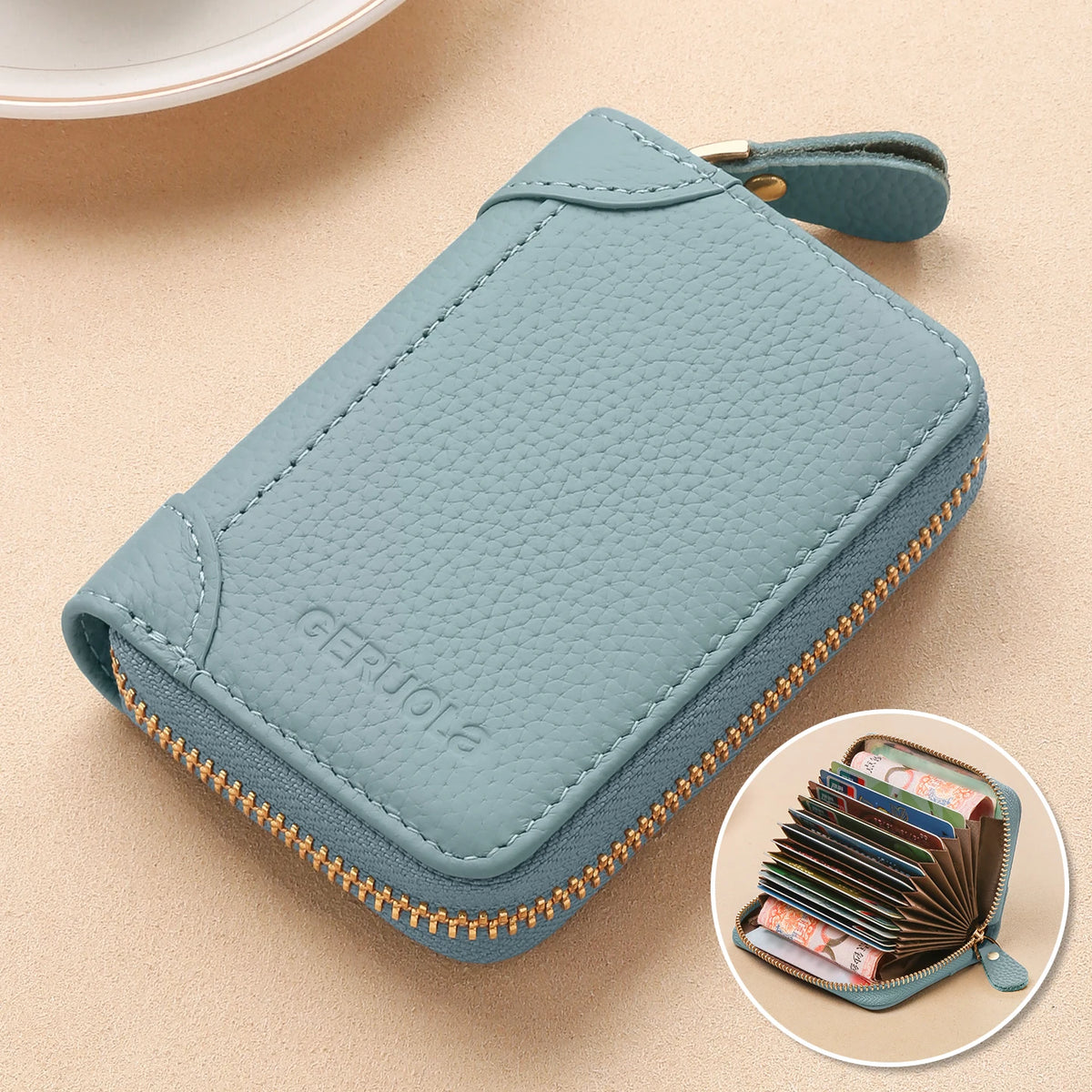 GERUOLA Top-Grain Cowhide RFID-Protected Card Holder Zipper Credit Card Organizer with Multiple Slots ID And Coin Pouch