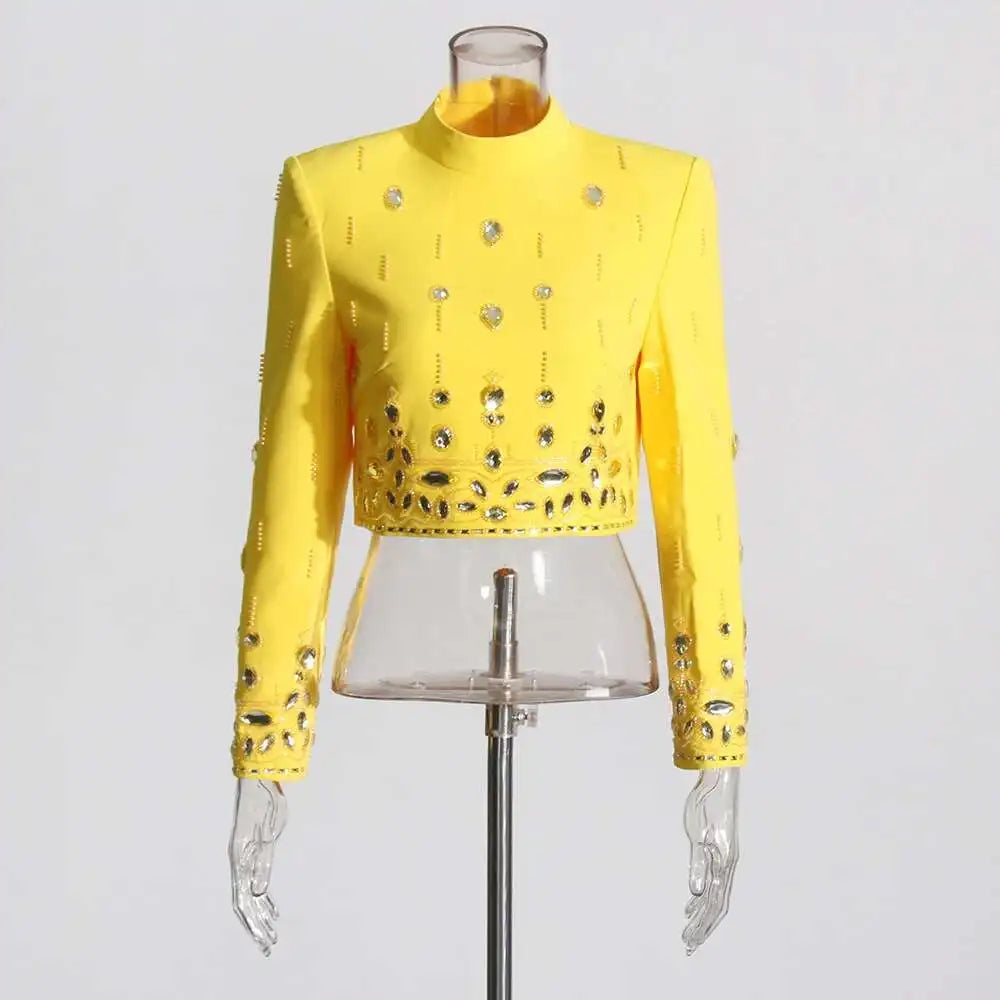 TWOTWINSTYLE Solid Spliced Diamonds Two Piece Set For Women Stand Collar Long Sleeve Tops High Waist A Line Skirt Set Female New