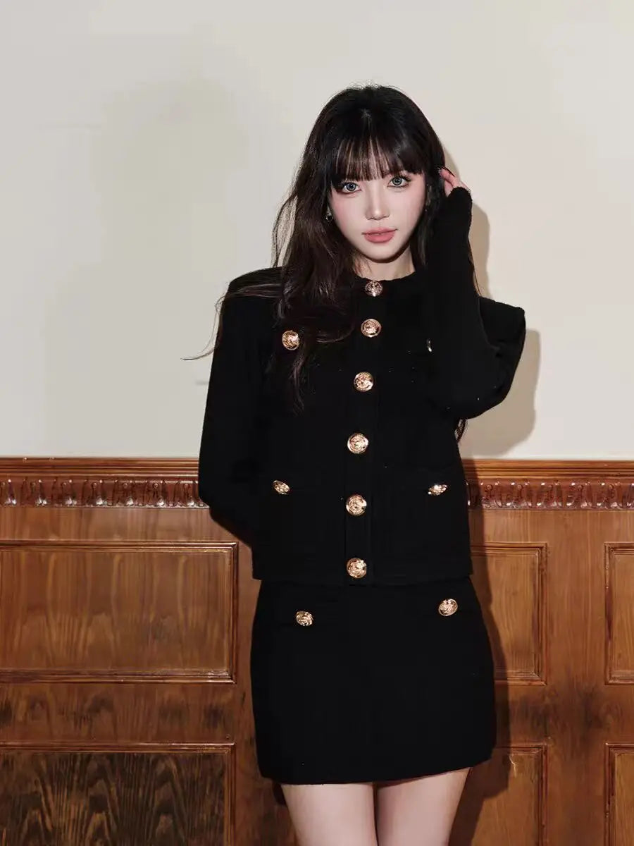 2025 New Autumn Winter Golden Buckle Knitted Two-piece Sets Women's Korean Fashion Round Neck Long Sleeve Slim Fit Skirt Suits